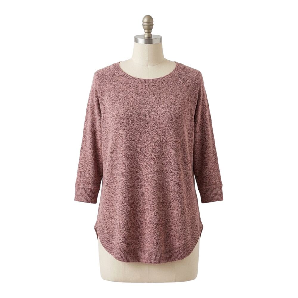 MAURICES Mauve Heathered Knit Blouse Large 3/4 Sleeve Scoop Neck Curved Hem